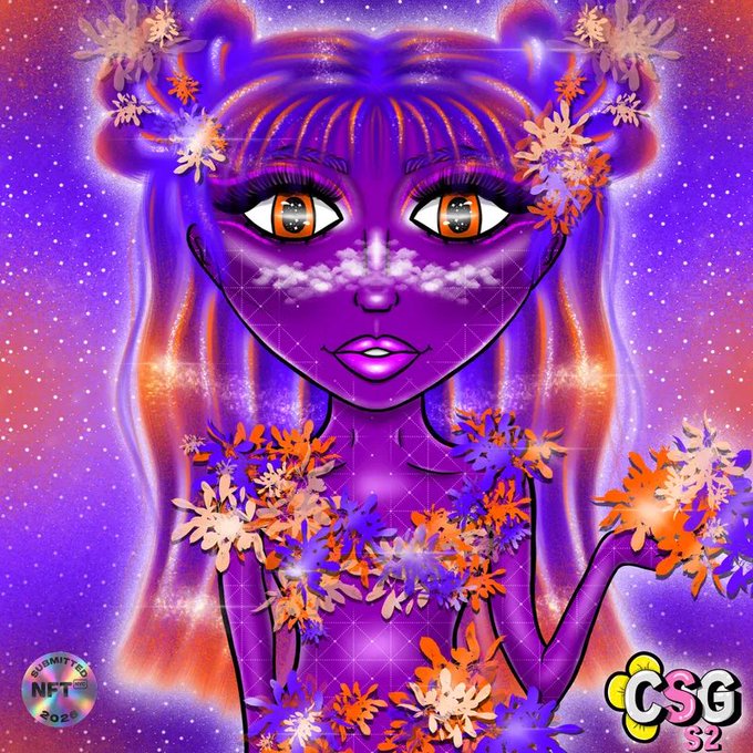 A vibrant digital NFT artwork featuring a purple-skinned girl with long flowing hair, surrounded by orange and pink flowers, with "SUBMITTED NFT 2020" and "CSG 52" logos visible.