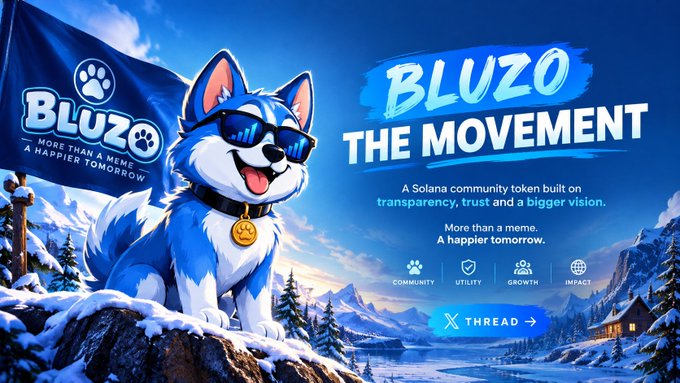 A promotional banner for 'BLUZO THE MOVEMENT,' a Solana community token featuring a blue husky mascot wearing sunglasses and holding a flag, with text stating 'More than a meme. A happier tomorrow.' and icons for Community, Utility, Growth, and Impact.