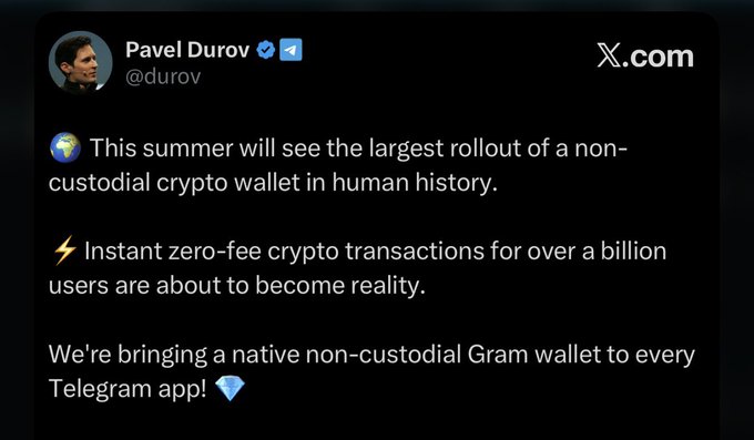 A screenshot of a tweet from Pavel Durov (@durov) on X.com announcing that "This summer will see the largest rollout of a non-custodial crypto wallet in human history," with plans for "Instant zero-fee crypto transactions for over a billion users" via a native non-custodial Gram wallet integrated into Telegram. The image supports the accompanying post's speculation that Telegram removed its app from the App Store in preparation for this massive wallet rollout, suggesting a major technical integration was required before release.
