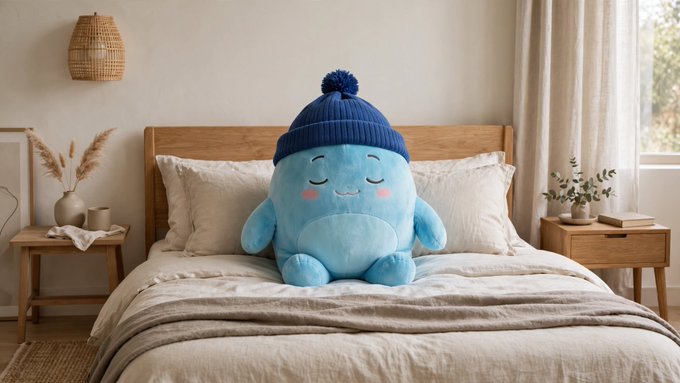 A blue plush toy with a sleeping face wearing a knit pom-pom beanie sits on a neatly made bed in a minimalist bedroom with neutral decor.
