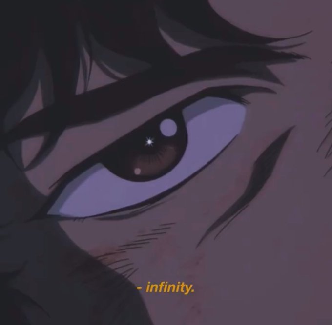 A close-up anime illustration of an intense brown eye with the yellow subtitle text '- infinity.' at the bottom.