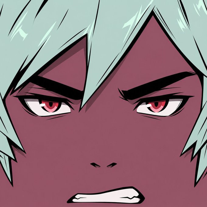 A close-up anime-style illustration of a character with spiky mint green hair, striking red eyes, dark skin, and a tense, frowning expression showing their teeth.