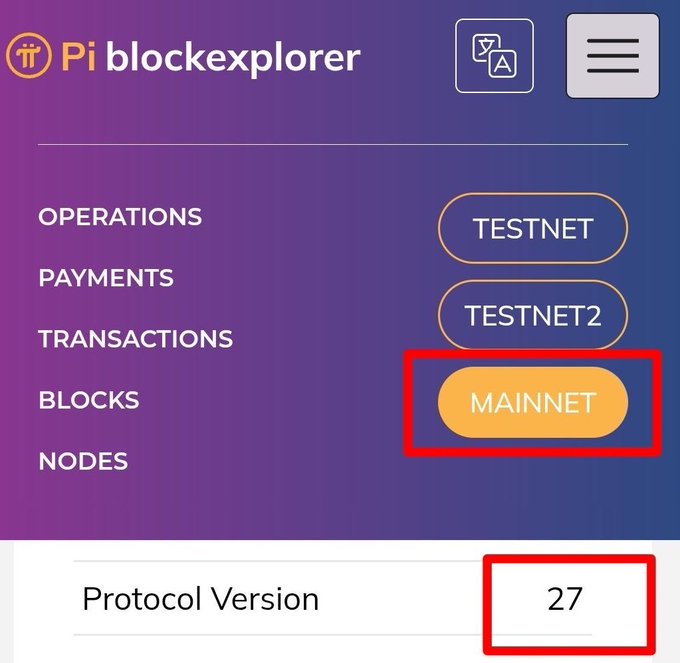 A screenshot of the Pi blockexplorer showing the MAINNET tab highlighted alongside a Protocol Version field displaying "27," confirming Pi Network's mainnet upgrade to Protocol v27 as announced in the breaking news.