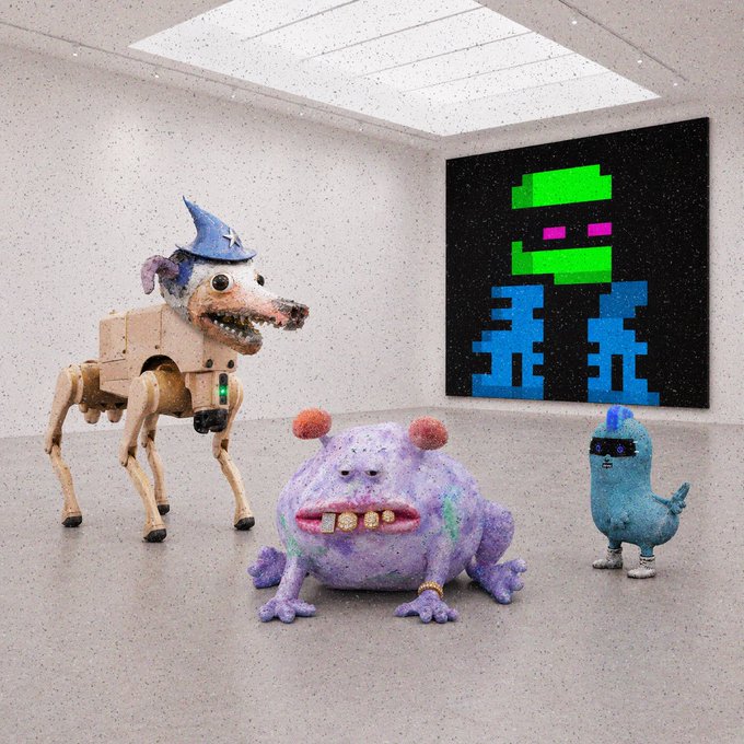 A gallery space displaying quirky sculptural figures including a wooden dog with a wizard hat, a purple frog-like creature, and a blue bird-like figure, alongside a pixel-art-style painting.