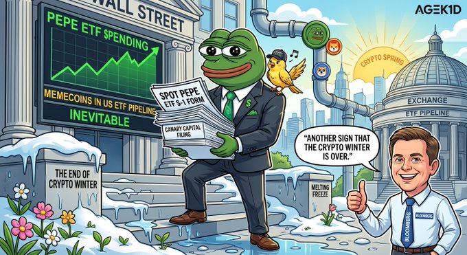 A cartoon illustration showing a Pepe the Frog character in a suit holding a newspaper with headlines like "PEPE ETF SPENDING" and "$POT PEPE ETF S-1 FORM," alongside text reading "THE END OF CRYPTO WINTER," "IN THE US ETF PIPELINE INEVIATABLE," and "ANOTHER SIGN THAT THE CRYPTO WINTER IS OVER," with a person in a "BLOOMBERG" shirt giving a thumbs up.
