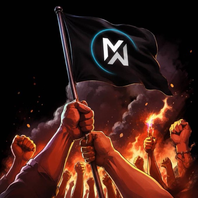 A dramatic illustration shows a triumphant fist gripping a black flag emblazoned with the "MW" Macroverse logo, surrounded by raised fists and fiery torches rising from a passionate crowd. The image evokes rebellion and excitement, fitting the giveaway post's call for maximum engagement ("max engage") to win 10 SOL — essentially rallying a crowd of crypto supporters to participate.