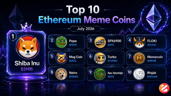 A graphic titled 'Top 10 Ethereum Meme Coins July 2026,' ranking Shiba Inu ($SHIB) at #1, followed by Pepe ($PEPE), SPX6900 ($SPX), FLOKI ($FLOKI), and others.