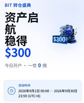 The image is a promotional graphic for "BIT 转仓盛典" (BIT Asset Transfer Promotion), advertising a $300 reward for transferring assets, with "今日开户·一世 0 佣" (Open an account today, lifetime zero commissions) and an activity period of September 1–30, 2026, complementing the post's call to sign up and claim the rewards via the provided link.