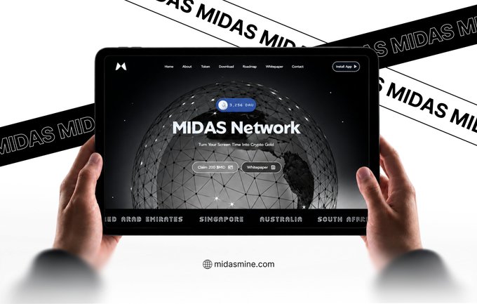 The image features a tablet displaying the Midas Network website, with hands holding the device against a backdrop of "MIDAS" branded banners. The screen shows "MIDAS Network - Turn Your Screen Time Into Crypto Gold," along with a $3.96 Dec price tag, options to "Claim 200 $MID" and download the "Whitepaper," and mentions of regions like United Arab Emirates, Singapore, Australia, and South Africa, promoting the global launch of the Midas Mining app on Google Play as referenced in the post.