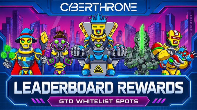A vibrant cyberpunk-style banner for 'CYBERTHRONE' displaying five robotic character avatars above a 'LEADERBOARD REWARDS' bar promoting 'GTD WHITELIST SPOTS'.