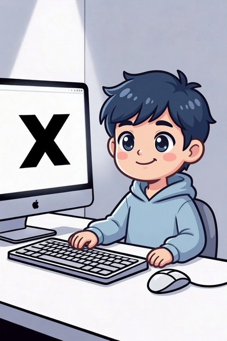 An animated illustration of a dark-haired boy in a blue hoodie smiling while sitting at a desk using an Apple computer displaying a large black "X" on the screen.