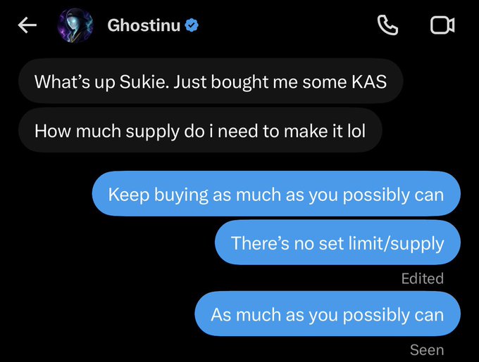 A Twitter direct message exchange with user 'Ghostinu' shows messages about buying KAS, with replies reading 'Keep buying as much as you possibly can', 'There's no set limit/supply', and 'As much as you possibly can'.