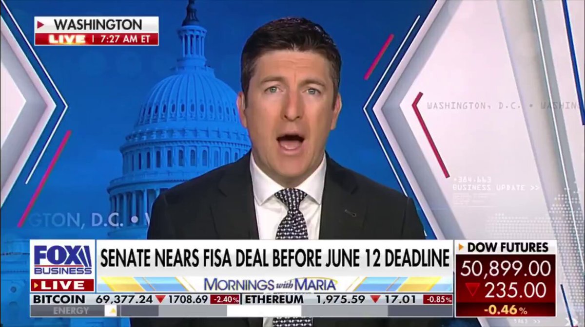 The image shows a news broadcast from Fox News, featuring a man wearing a suit talking about the Federal Reserve's plans for a new digital currency called the CBDC (Central Bank Digital Currency). The man appears to be discussing this topic with a sense of urgency or importance. The caption at the bottom of the screen reads "BREAKING: CNBC JUST REPORTED THE FEDERAL RESERVE CBDC BAN IS NOW EXPECTED TO BECOME LAW NEXT WEEK THE BAN WAS JUST INCLUDED IN THE FINAL TEXT OF THE FISA 772 EET". This suggests that the news story is about a potential ban on the CBDC, which could have significant implications for the financial system and the economy.