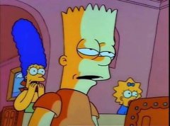 A scene from The Simpsons showing Bart with a skeptical expression in the foreground, while Marge, Lisa, and Maggie watch from behind.