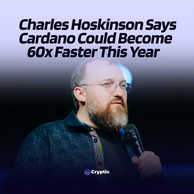 A man with glasses and a beard speaks into a microphone, overlaid with text reading "Charles Hoskinson Says Cardano Could Become 60x Faster This Year," reflecting the post's announcement about Cardano's potential Ouroboros Leios upgrade boosting transaction capacity by 60x.