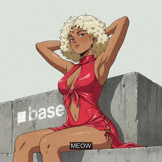 A confident woman with curly blonde hair in a red dress poses against a concrete wall labeled "base" with the word "MEOW" below, visually capturing the bold, winning energy of kicking off a successful new week in the crypto space.