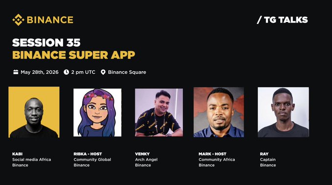 The image shows a poster for an event related to Bitcoin Square, featuring five different people's faces with their names and titles written below them. The poster also includes information about a Binance Super App session scheduled for May 28th at 2 PM UTC.