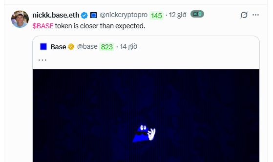 The image shows a screenshot of a social media post, which appears to be a message or status update from someone named NickkBase Eth. The post contains text that reads "liệu con BASE này có giúp Việt nam có tạo ra thêm huyền thoại nào nghĩ là OpenSea => Base => Polymarket. 3 con âm binh này sẽ kéo lại dòng tiền crypto fomo trở lại." The post is about a game called "Base" and it seems to be related to the game's development or testing.