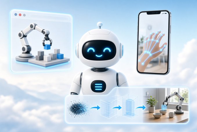 A friendly white robot with glowing blue eyes surrounded by floating screens showing robotic arms and data visualizations against a cloudy sky.