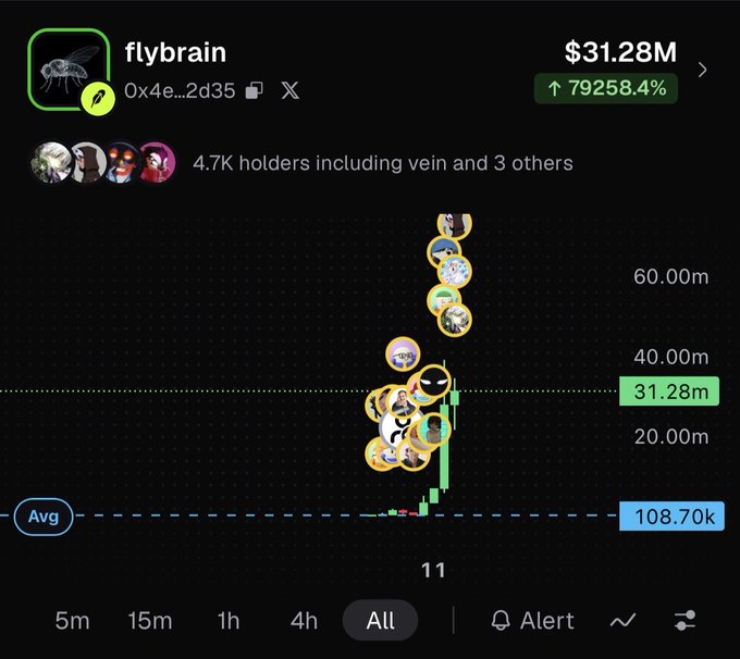 A screenshot of a Pump.fun chart showing the "flybrain" token (address 0x4e...2d35) reaching a $31.28M market cap with a staggering 79,258.4% gain, while being held by 4.7K holders including notable accounts "vein and 3 others"—visually reinforcing the post's claim that curating the app led to wild, outsized returns without insider alpha.