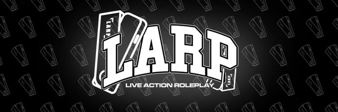 A black and white promotional banner featuring the stylized text "LARP" with "LIVE ACTION ROLEPLAY" underneath, designed to look like a dramatic sports or gaming logo. The bold, edgy typography directly illustrates the post's description of "$LARP" as having an instantly recognizable, attention-grabbing identity suited for crypto/CT culture.