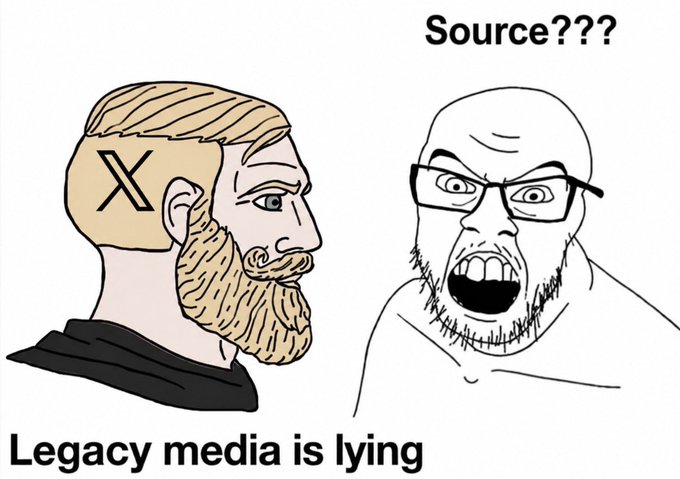 The image is a "Soyjak vs Chad" meme depicting two contrasting figures: a bald, glasses-wearing "soyjak" on the right angrily shouting "Source???" and shouting "Legacy media is lying," while a stoic, bearded "Chad" figure on the left remains unfazed.

The meme mocks legacy media consumers who dismiss information as "lies" without providing evidence, while the confident "Chad" represents those who trust the claim that legacy media is unreliable—using the sarcastic "Source???" to highlight the demand for evidence while simultaneously accepting the unverified claim itself.