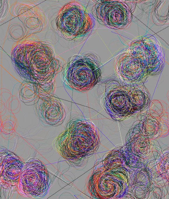 An abstract digital artwork featuring swirling, multicolored dotted patterns resembling colorful fingerprints or nebulae against a gray background.