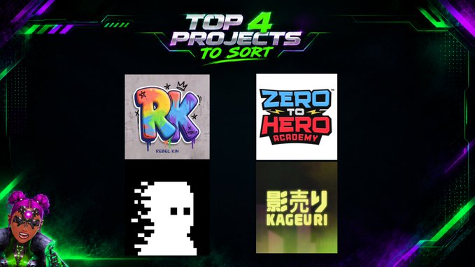 A promotional graphic titled "TOP 4 PROJECTS TO SORT" displays logos for four cryptocurrency projects: "RK Rebel Kin," "Zero to Hero Academy (ZTH)," a pixelated ghost icon for "zksnarks_," and "Kageuri" written in both Japanese characters and English, aligning with the post's endorsement of these four projects as bullish opportunities.