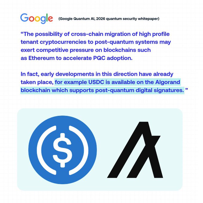 The image features two logos - one blue with a dollar sign and another black with an "A" - placed side by side against a white background. Below these logos, there is text discussing the possibility of cross-chain migration of high profile tenants using cryptocurrency to create new Bitcoin systems that may be used as Ethereum to accelerate P2P currency adoption. The image also includes a quote from Google Quantum AI about the future of machine payments and mentions Algorand's involvement in conversations related to this topic.