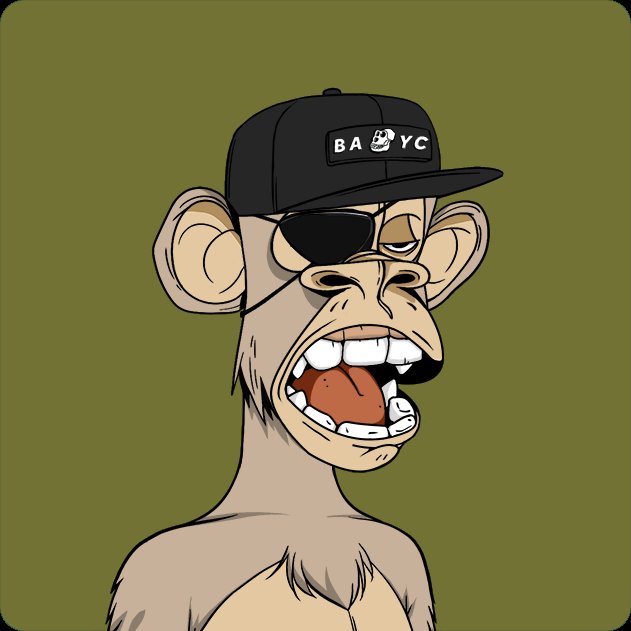 A cartoon illustration of a Bored Ape-style monkey character wearing a black cap with 'BAYC' and a black eye patch, with its mouth wide open.