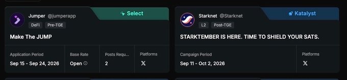 The image displays two Kaito Studio campaign cards side by side: "Make The JUMP" for Jumper (DeFi, Pre-TGE) running Sep 15 – Sep 24, 2026, and "STARKTEMBER IS HERE. TIME TO SHIELD YOUR SATS" for Starknet (L2, Post-TGE) running Sep 11 – Oct 2, 2026. These visuals highlight the Starknet and Jumper campaigns being promoted, encouraging users to join them on Kaito Studio for potential rewards.