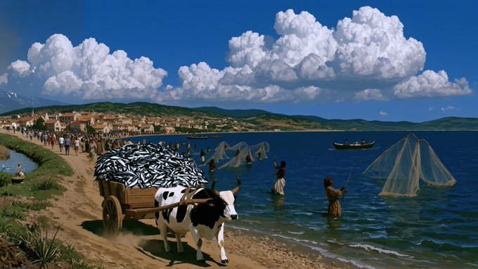 A composite photograph of a coastal scene featuring an ox-drawn cart filled with fish, fishermen casting nets in the sea, and a seaside town in the background under a cloudy sky.