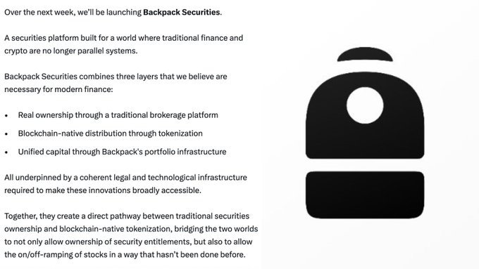The image features a black and white picture of a backpack, which has been edited to include text that reads "NEW: @Backpack EXCHANGE ANNOUNCES OVER THE NEXT WEEK, WE’LL BE LAUNCHING BACKPACK SECURITIES". The caption also mentions the launch of Backpack Securities.

The image is related to the post because it displays a backpack symbol and the text about Backpack Securities. This suggests that there might be an advertisement or promotional material for Backpack Securities, possibly related to the upcoming week's release of Backpack Securities.