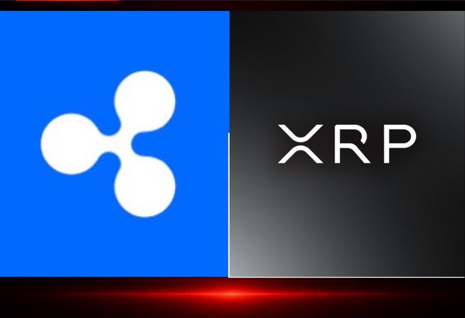 A split graphic displays the blue Ripple (XRP) logo on the left and the text 'XRP' in silver letters on a black background on the right.