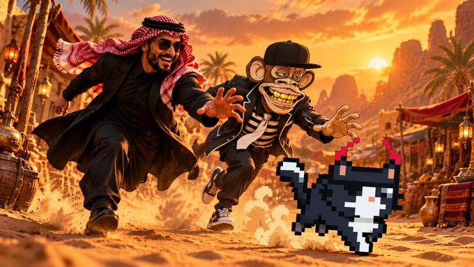 A digitally composed image shows a man in traditional Middle Eastern attire and a cartoon monkey wearing a black cap running through a desert marketplace at sunset, chasing a pixel-art cat with pink horns.