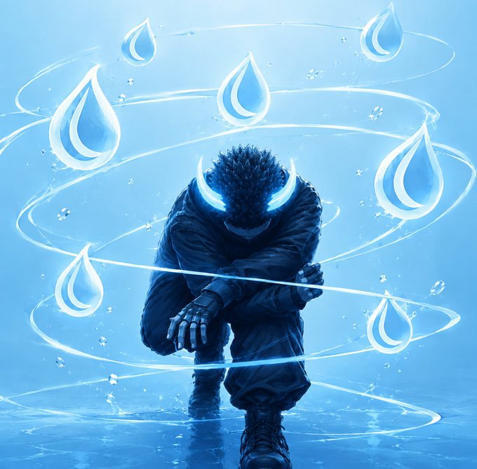 An anime-style illustration of a crouched character with glowing blue horns, surrounded by swirling water droplets against a blue background, likely representing the Sui blockchain.