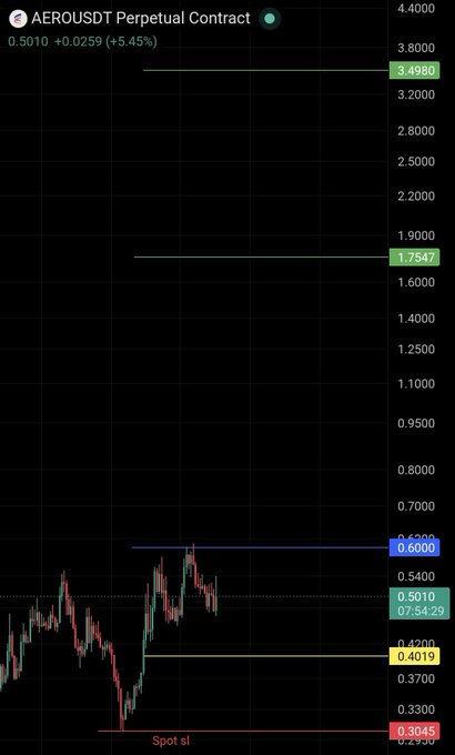 A chart of the AEROUSDT Perpetual Contract showing a current price of 0.5010 (+5.45%), with horizontal key levels marked at 3.4980, 1.7547, 0.6000 (blue line), 0.4019 (yellow line), and 0.3045, illustrating the trader's planned entry zones pending an HTF candle close above the blue 0.6000 resistance or a pullback to the yellow 0.4019 support.