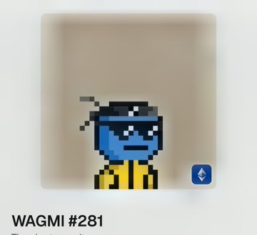 The user wants a concise caption for the image.
I need to identify the key visual elements and text.
- Visual: A pixel art character, blue skin, black hat/headband, sunglasses, yellow shirt.
- Text below image: "WAGMI #281"
- Context from the prompt: The post mentions "@WagmiCabalNFT" and "ANGEL". The image is clearly an NFT from a collection called Wagmi.

The caption should describe the image and include the visible text.
The visible text is "WAGMI #281".
The character looks like a specific NFT avatar.
The prompt asks for a "concise 1-2 sentence caption describing what is in this image. Include any key text, numbers, tickers or names visible."

So, I will combine the visual description with the text.
"A pixelated blue character wearing a black hat and sunglasses is displayed in a square frame, labeled 'WAGMI