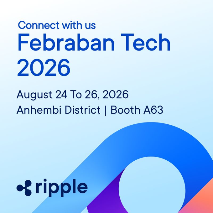 A promotional graphic for Ripple's appearance at Febraban Tech 2026, displaying the event dates "August 24 To 26, 2026," location at "Anhembi District," and "Booth A63," along with the invitation "Connect with us" and the Ripple logo. The design features a light blue gradient background with a stylized blue and purple ribbon graphic, matching the post announcing Ripple's Gold Sponsorship and showcase of digital asset solutions for financial institutions in São Paulo.