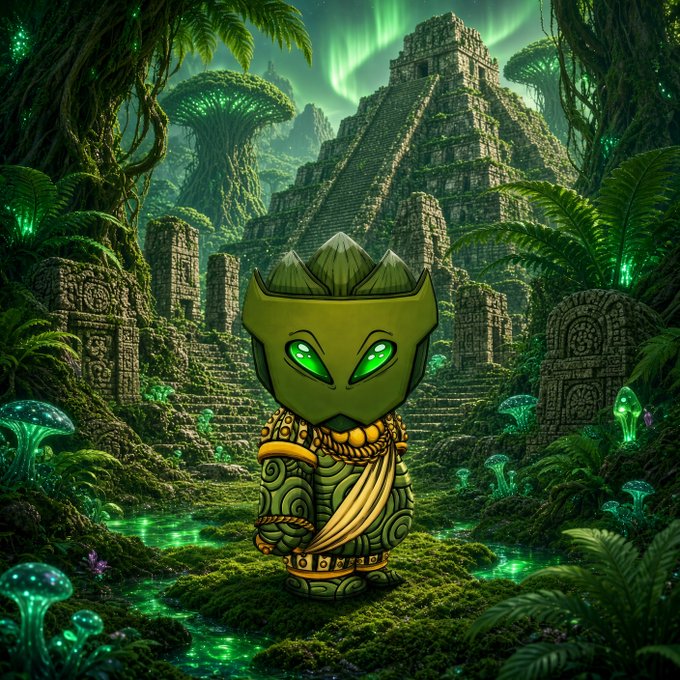 Digital fantasy art of a small, green, Aztec or Mayan-style stone warrior figurine with glowing green eyes, standing in a lush jungle setting featuring ancient temple ruins and bioluminescent plants under an aurora-lit sky.