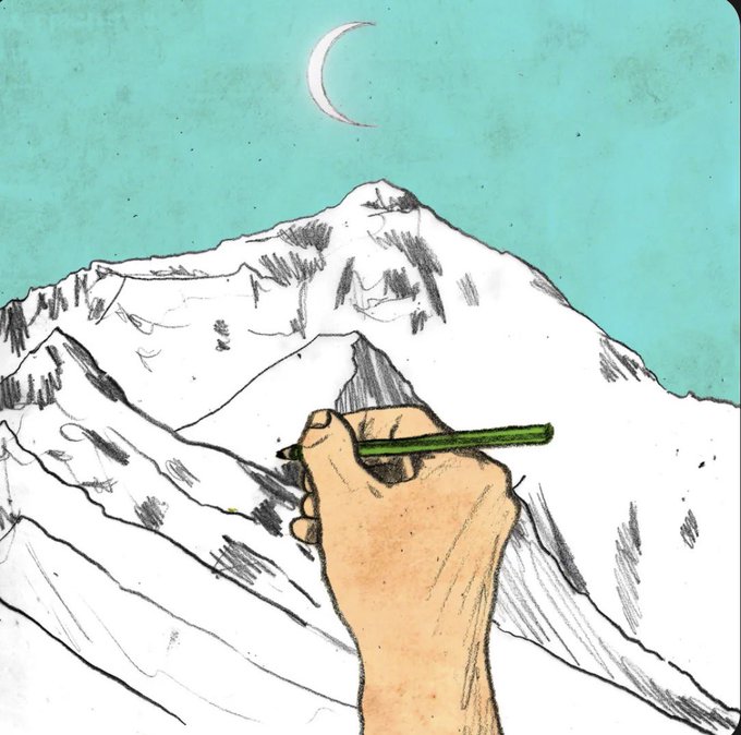 A hand holding a green pencil sketches a snow-capped mountain against a teal sky with a crescent moon, symbolizing the patient, disciplined journey of creating one's path to the summit.