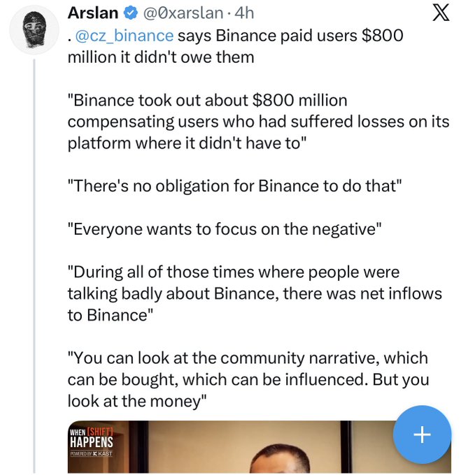 A tweet by Arslan (@0xarslan) highlights Binance executive CZ's claim that the exchange voluntarily paid users $800 million in compensation despite having no obligation to do so, emphasizing that net inflows continued even amid public criticism. The accompanying post references the one-year anniversary of the October 11th incident, noting that Binance has yet to release public logs or disclose the true causes, which contextualizes the image's defense as a PR response to ongoing scrutiny over that event.