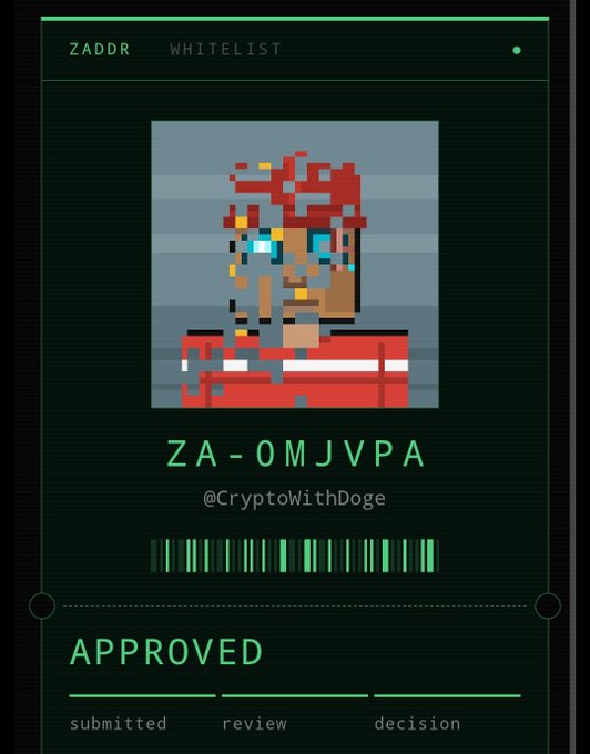 A dark-themed NFT whitelist approval card for @CryptoWithDoge with token ID ZA-0MJVPA, marked as APPROVED at the decision stage.