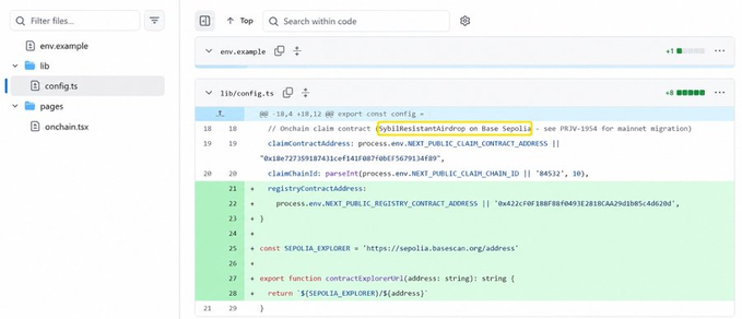 A screenshot of a code editor showing Solidity smart contract code with the line "claimExistsAndIsOwnedOnBaseSepolia" highlighted in yellow.