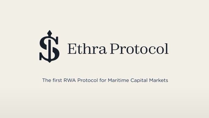 A logo and tagline for 'Ethra Protocol', described as 'The first RWA Protocol for Maritime Capital Markets', featuring an anchor-shaped dollar sign icon.