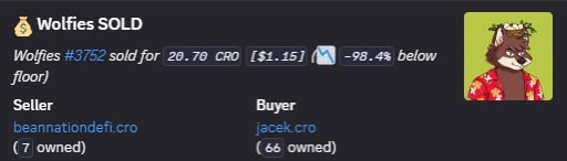This image shows a sold listing for Wolfies #3752 for 20.70 CRO, which the seller, beannationdefi.cro, accidentally priced far below its floor value. The buyer, jacek.cro, has offered to return the item.
