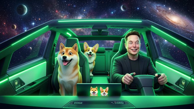 A digital artwork of Elon Musk driving a green-lit futuristic car through space, with two Corgis as passengers and 'DOGE' and 'CORGI' labels on the dashboard.