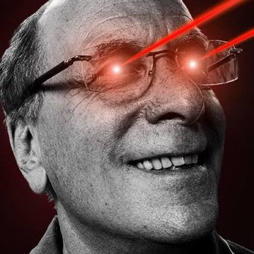 Larry Fink with glowing red laser eyes, humorously suggesting BlackRock's aggressive Bitcoin buying spree signals extreme bullishness.