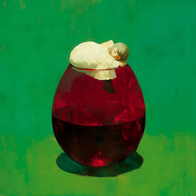 A stylized painting of a small figure in a white dress sleeping curled up on top of a large, round vessel filled with dark red liquid against a green background.