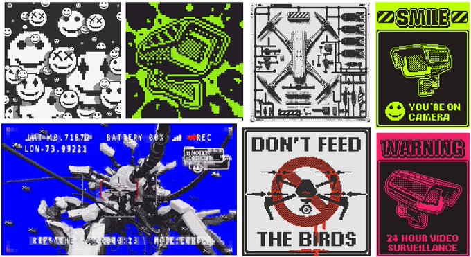 A collage of various pixelated and stylized surveillance-themed images including smiley faces, drones, cameras, and warning signs with text like 'SMILE YOU'RE ON CAMERA', 'DON'T FEED THE BIRDS', and 'WARNING 24 HOUR VIDEO SURVEILLANCE'.